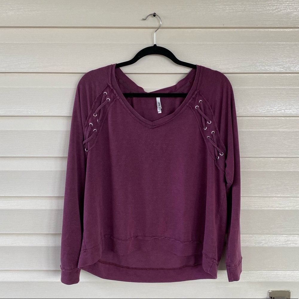 Pink Long Sleeved Tee with cross tie details on shoulder Size L